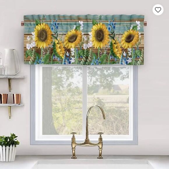 NEW! Country Farmhouse Sunflower Wood Grain Look Window Valance Floral Boho - Picture 2 of 3